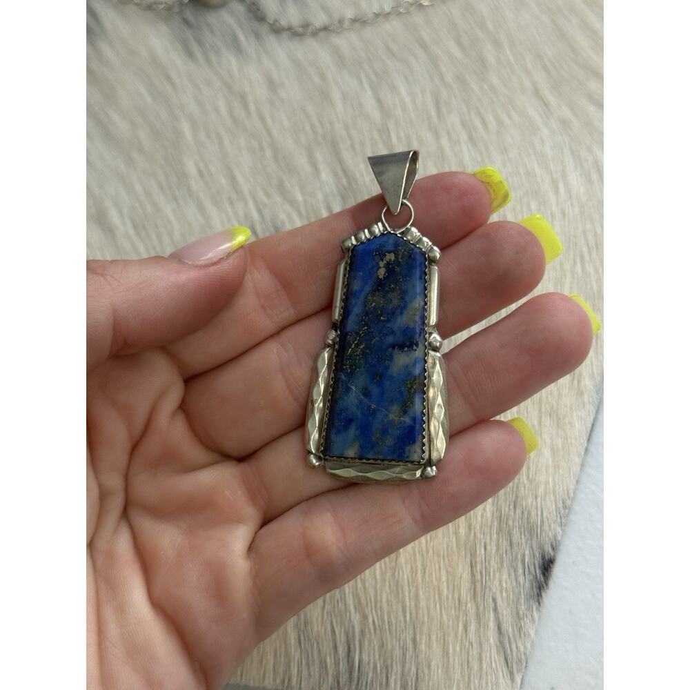 Zuni New Mexico Sterling Silver K. C. Signed Huge Lapis Lazuli Long Pendant - Picture 11 of 12